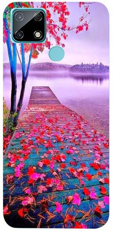 Golden Mask Back Cover for Realme c12 Multicolor Flower Tree And Wooden Bridge on River  (Multicolor, Waterproof, Silicon, Pack of: 1)