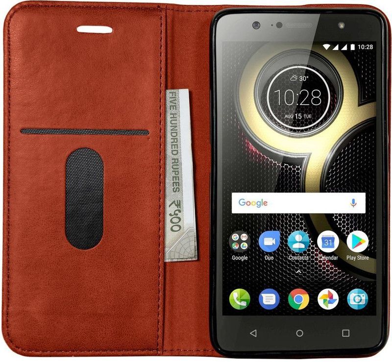Pure Color Wallet Case Cover for Lenovo K8+ / Lenovo K8 Plus  (Brown, Cases with Holder, Pack of: 1)