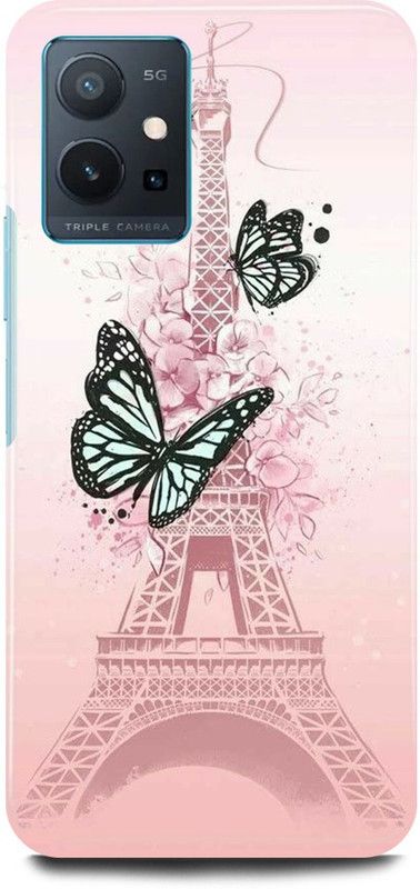 play fast Back Cover for Vivo y75 5G, V2142 PINK, BUTTERFLY, EIFEL, TOWER, PARIS  (Beige, Hard Case)