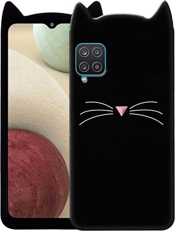 Rance Back Cover for Samsung Galaxy F12 - Ear Kitty Case | 3D Cute Mustache Kitty Doll | Cat Back Cover  (Black, Flexible, Silicon, Pack of: 1)