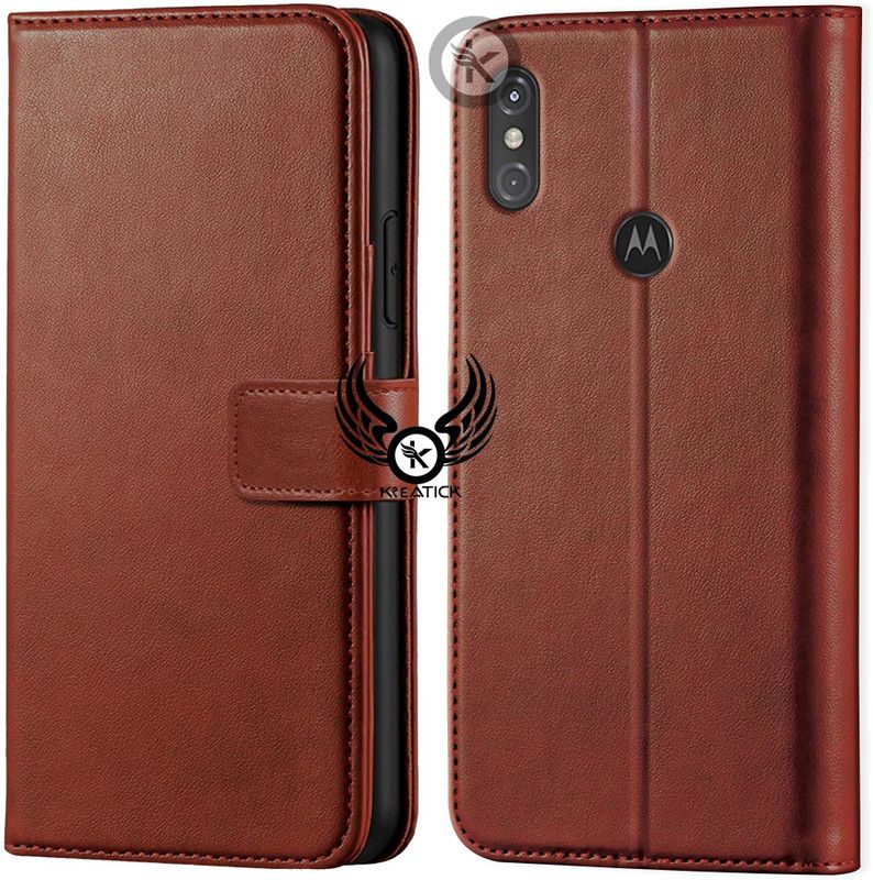 Kreatick Wallet Case Cover for Moto One Power | Inside TPU with Card Pockets | Wallet Stand | Magnetic Closure  (Brown, Hard Case, Pack of: 1)