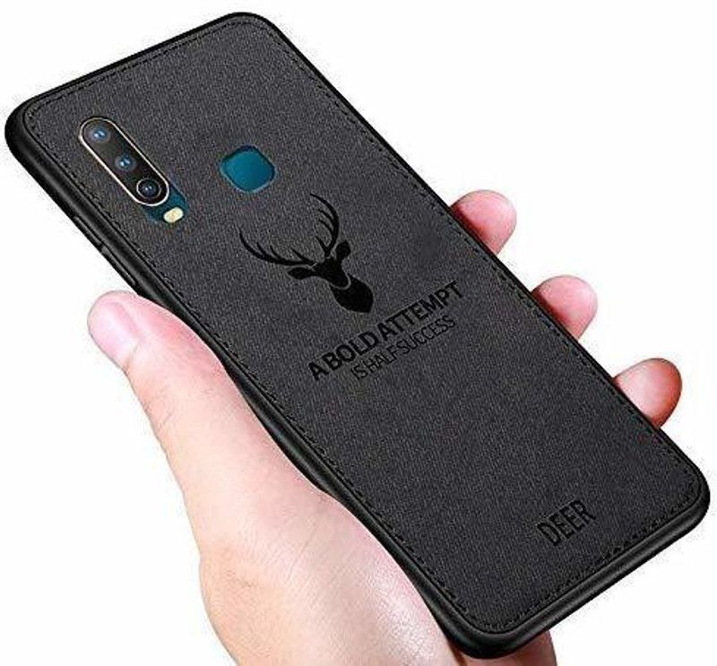 MOBILOVE Back Cover for Vivo Y17 / Y15 / Y12 | Deer Pattern Cloth Texture Leather Finish Soft Fabric Hybrid Case  (Black, Grip Case, Pack of: 1)