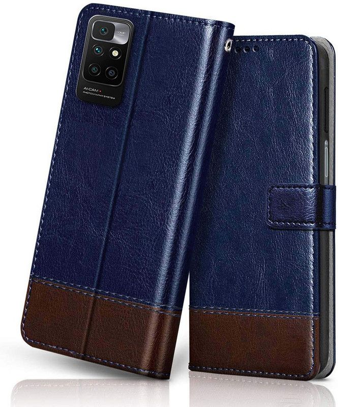 Winkel Wallet Case Cover for Xiaomi Redmi 10 Prime  (Blue, Brown, Cases with Holder, Pack of: 1)