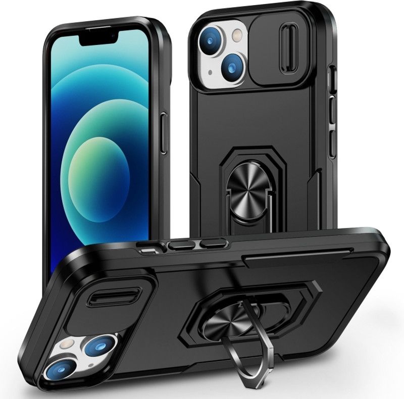 Moshking Back Cover for IPhone 13, 360° Protection | Rotate Ring Stand | Slide Camera | Mobile Phone Case  (Black, Pack of: 1)