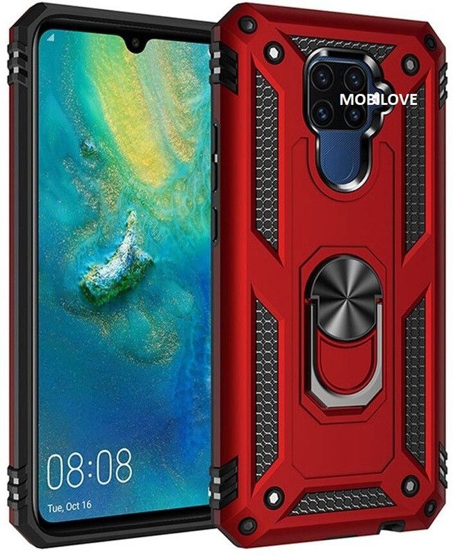 MOBILOVE Back Cover for Mi Redmi Note 9 | Dual Layer Hybrid Armor Defender Case with 360 Degree Metal Ring  (Red, Rugged Armor, Pack of: 1)