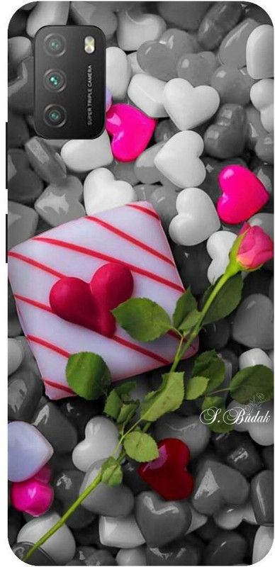 UMPRINT Back Cover for Poco M3/MZB087AIN Hear Pink Red Rose Printed Back Cover  (Multicolor, Hard Case, Pack of: 1)
