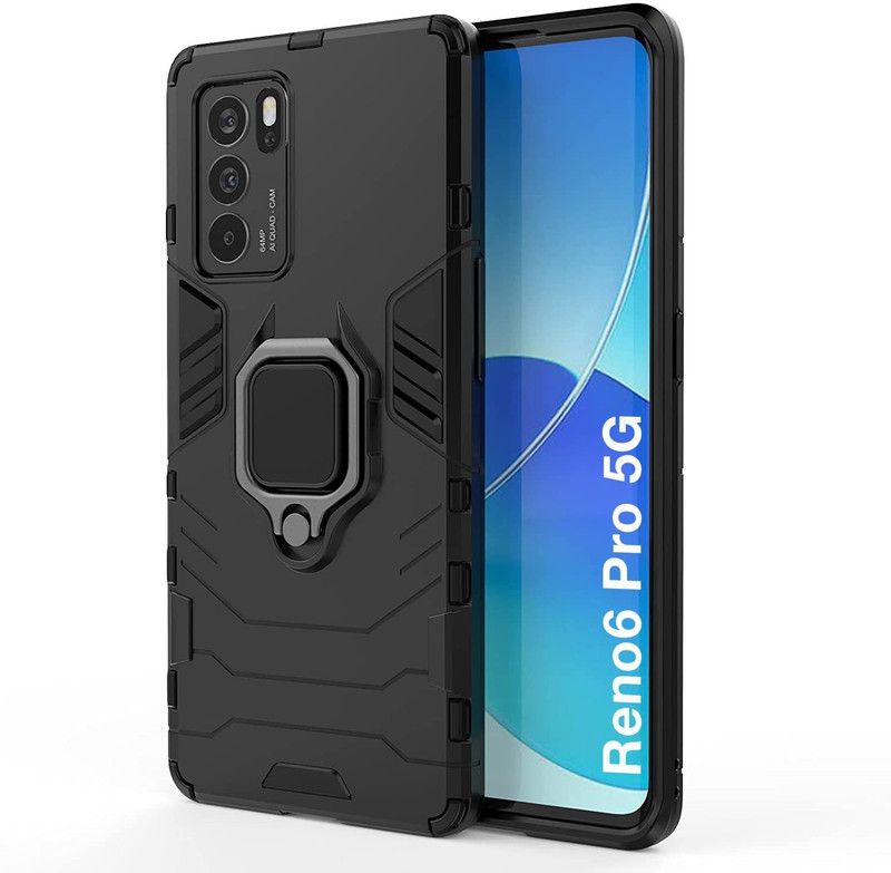 WOW Imagine Bumper Case for Oppo Reno 6 Pro 5G Tough Armor Bumper Back Cover | Ring Holder & Kickstand in-Built  (Black, Ring Case, Pack of: 1)