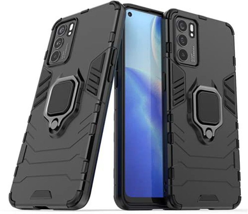 VOSKI Back Cover for Oppo Reno 6 Armor Rugged Shockproof with Metal Rotating Ring Case  (Black, Dual Protection, Pack of: 1)