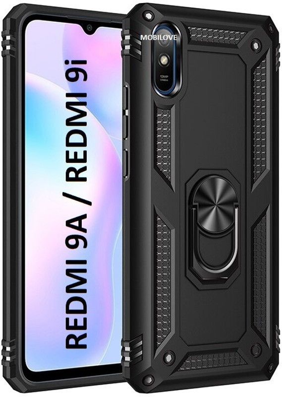 MOBILOVE Back Cover for Redmi 9A / Redmi 9i | Dual Layer Hybrid Armor Defender Case with 360 Degree Metal Ring  (Black, Rugged Armor, Pack of: 1)