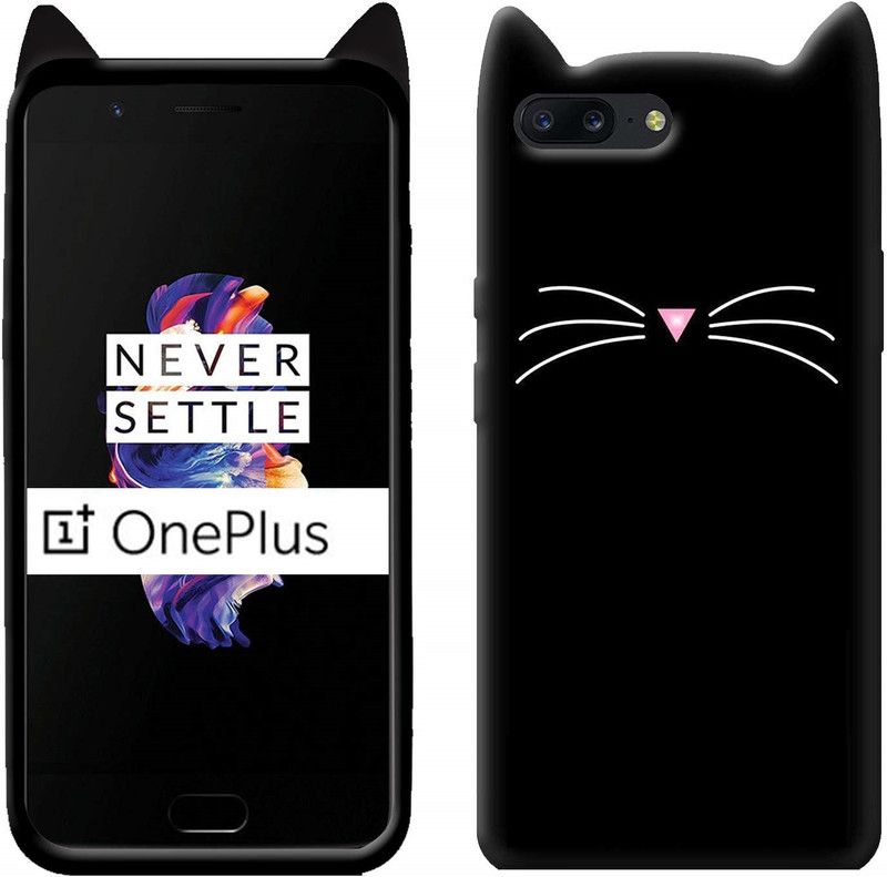 ELEF Back Cover for OnePlus 5t Mustache Ears Meow Soft Silicone Cute Cartoon Cat Kitty  (Black, Shock Proof, Pack of: 1)