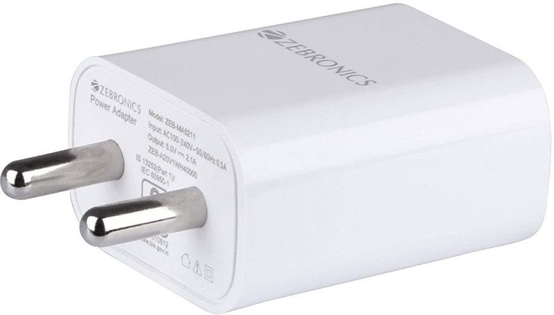 ZEBRONICS Quick Charge 2.1 A Mobile Ma521 Charger with Detachable Cable  (White, Cable Included)