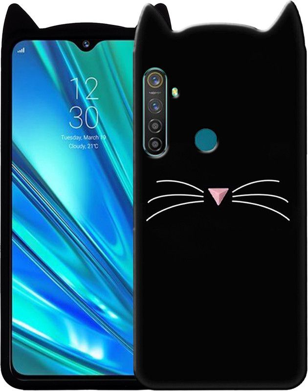 Rance Back Cover for Realme 5 Pro - Ear Kitty Case | 3D Cute Mustache Kitty Doll | Cat Back Cover  (Black, Flexible, Silicon, Pack of: 1)