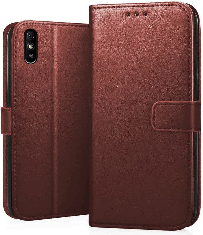 Evett Flip Cover for Redmi 9A Leather Vintage Flip Wallet Case Media Veiw Stand  (Brown, Shock Proof, Pack of: 1)