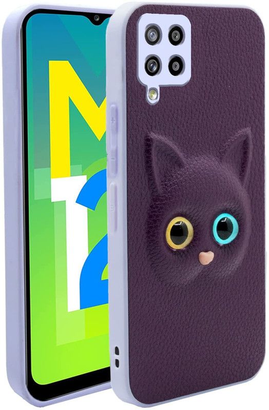 ELEF Back Cover for Samsung Galaxy A12 Soft PU Leather Cat ,3D Effected Eye Cat Girls Back Cover  (Purple, Pack of: 1)