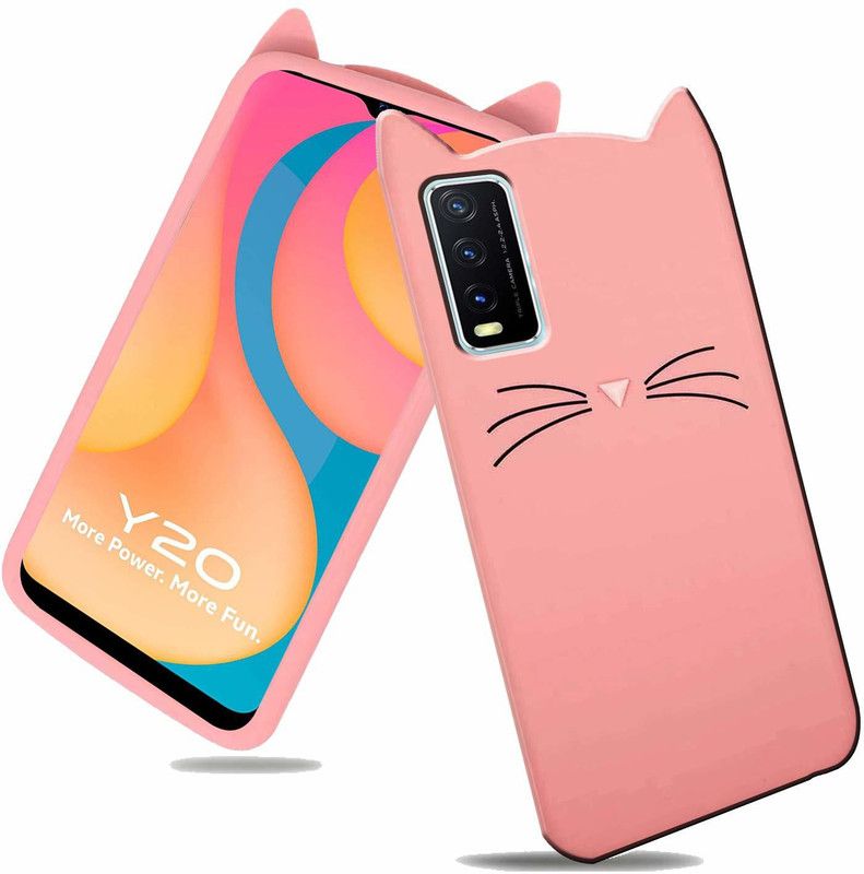 Rance Back Cover for Vivo Y20 - Ear Kitty Case | 3D Cute Doll | Soft Girl Back Cover with Pendant  (Pink, Flexible, Pack of: 1)