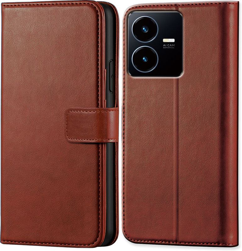 ALLNEEDS Flip Cover for vivo Y22S | Inside TPU with Card Pockets | Wallet Stand | Magnetic Closure  (Brown, Dual Protection)