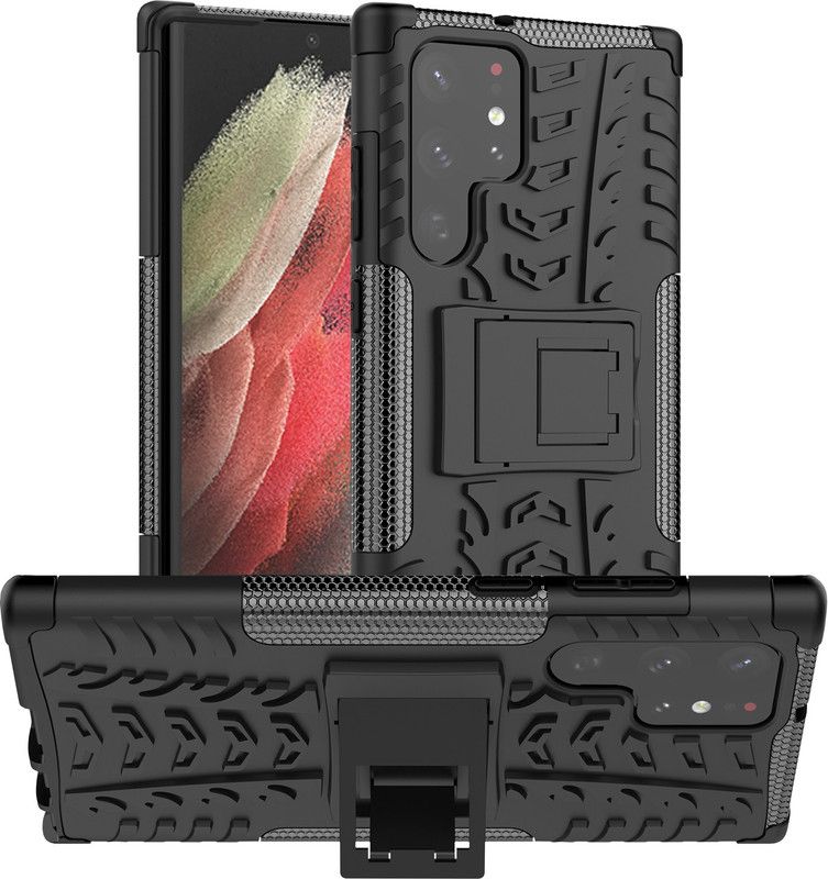 Accessories Kart Back Cover for Samsung S22 Ultra Dazzle tyre cae with kick stand  (Black, Shock Proof, Pack of: 1)