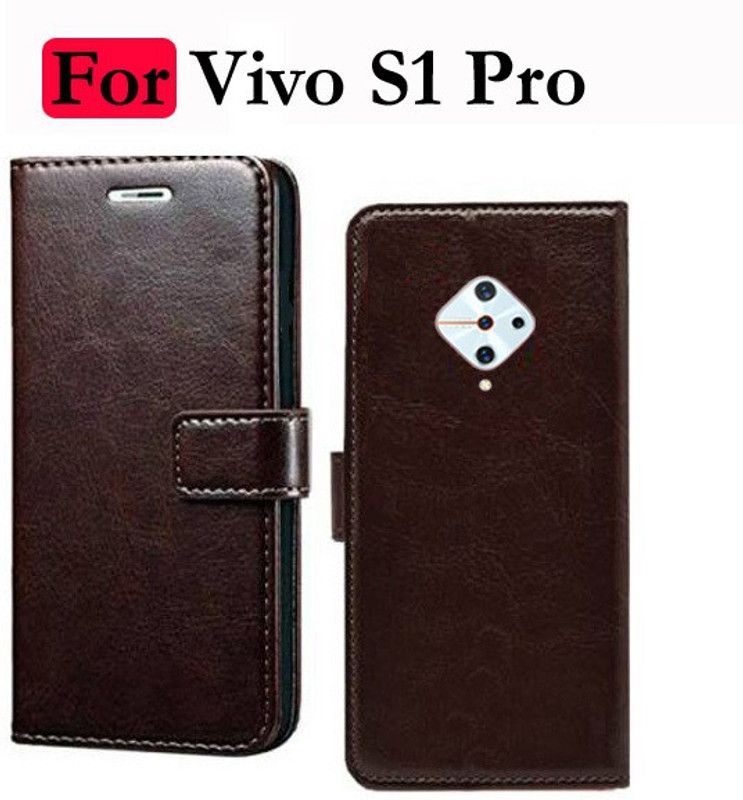 Krofty Flip Cover for Vivo S1 Pro  (Brown, Cases with Holder, Pack of: 1)