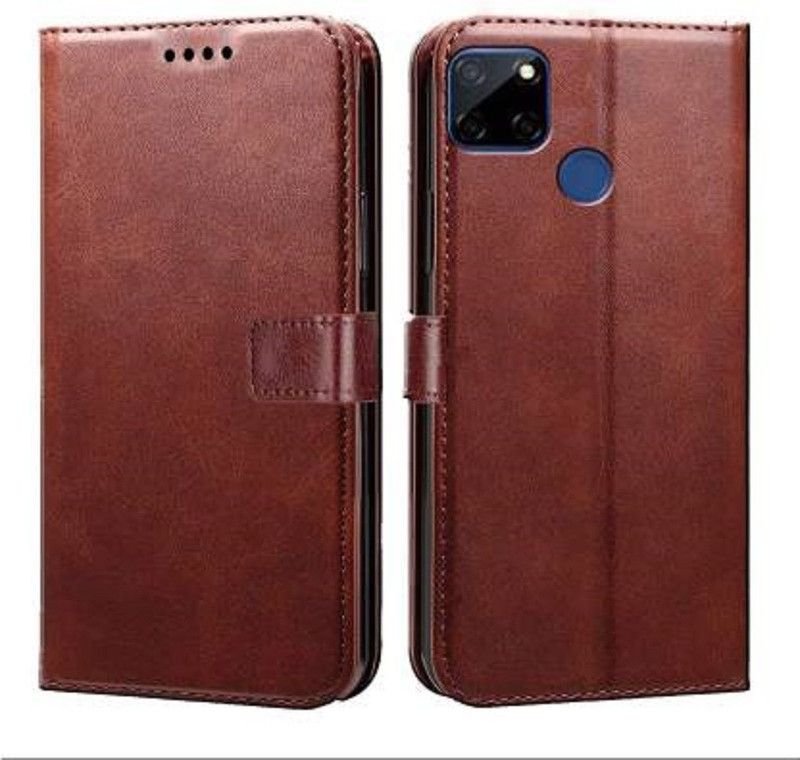 Luxury Counter Flip Cover for Realme C12 / Narzo 30A / Narzo 20 / C15 Premium Quality |Dual Stiched |Back Cover  (Brown, Dual Protection, Pack of: 1)