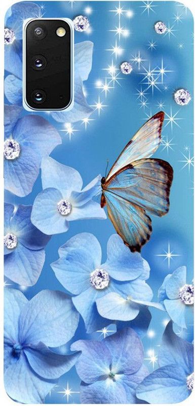 Golden Mask Back Cover for Samsung Galaxy S20 Blue Flower And Blue Butterfly  (Multicolor, Waterproof, Silicon)