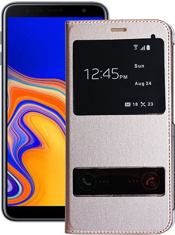 MARSHLAND Flip Cover for Samsung Galaxy J6 Plus, Double Window cover Artificial Leather, Golden  (Gold, Dual Protection, Pack of: 1)