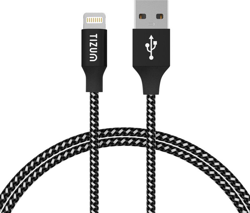 Tizum Lightning Cable 1 m 8 Pin Lighting 1 Meter Double Nylon Braided Fast Charging & Data Sync Tough USB  (Compatible with Apple iPod, Apple iPad, Apple iPhone, Black, One Cable)