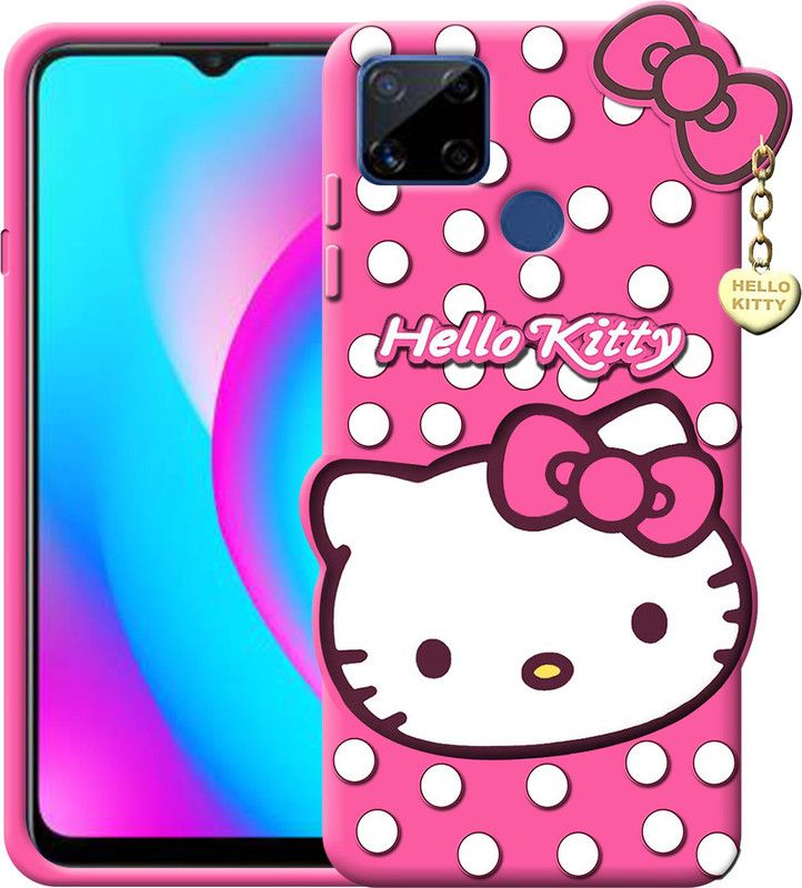 ELEF Back Cover for Realme C25 Hello Kitty Case 3D Cute Doll Soft Girl Back Cover with Lucky Pendant  (Pink, Flexible, Silicon, Pack of: 1)