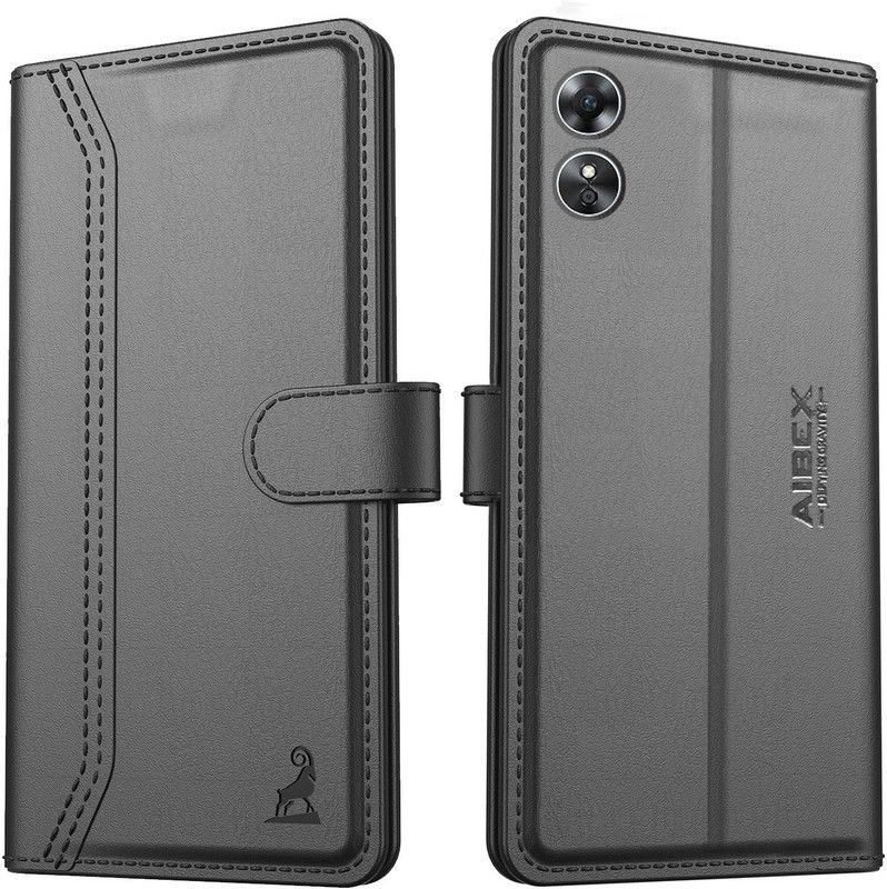 AIBEX Flip Cover for Oppo A17|Vegan |PU Leather |Foldable Stand & Pocket |Magnetic Closure  (Black, Dual Protection, Pack of: 1)