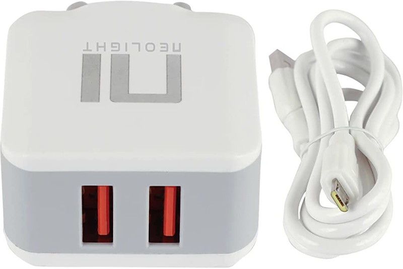 Neolight NA 2.1 A Multiport Mobile Fast Mobile Charger for Android Phones 2 USB Multiple Charger Two Port Adapter for Android Phones, Smart Phones with USB Fast Charging Data Cables Charger with Detachable Cable  (White, Cable Included)