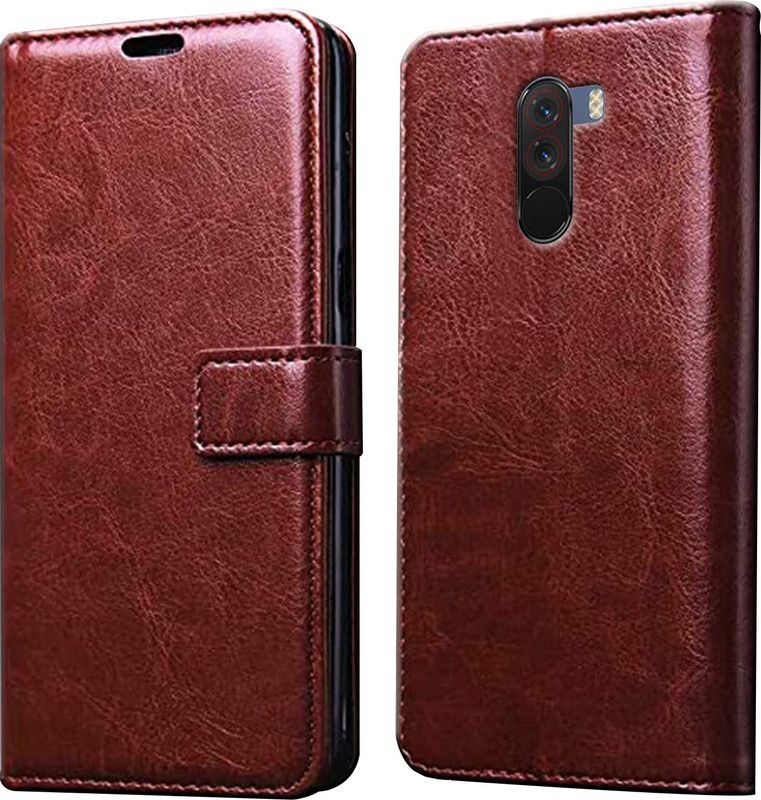 ELEF Flip Cover for Redmi Poco F1|Inside TPU with Card Pockets|Wallet and Stand|Magnetic Closure  (Brown, Dual Protection, Pack of: 1)