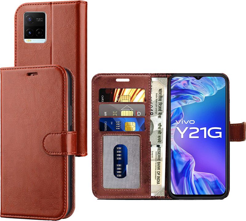 Digilett Wallet Case Cover for Vivo Y21G  (Brown, Dual Protection, Pack of: 1)