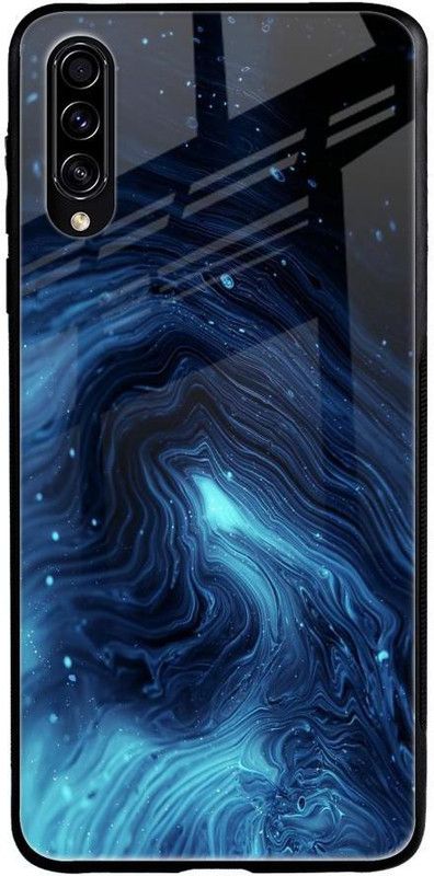 QRIOH Glass Back Cover for Samsung Galaxy A50s  (Black, Blue, Grip Case, Silicon, Pack of: 1)