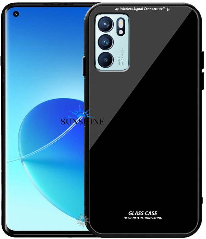 SUNSHINE Back Cover for OPPO RENO-6 PRO (5G) Luxurious 9H Toughened Glass Back Case Shockproof TPU Bumper  (Black, Dual Protection, Pack of: 1)