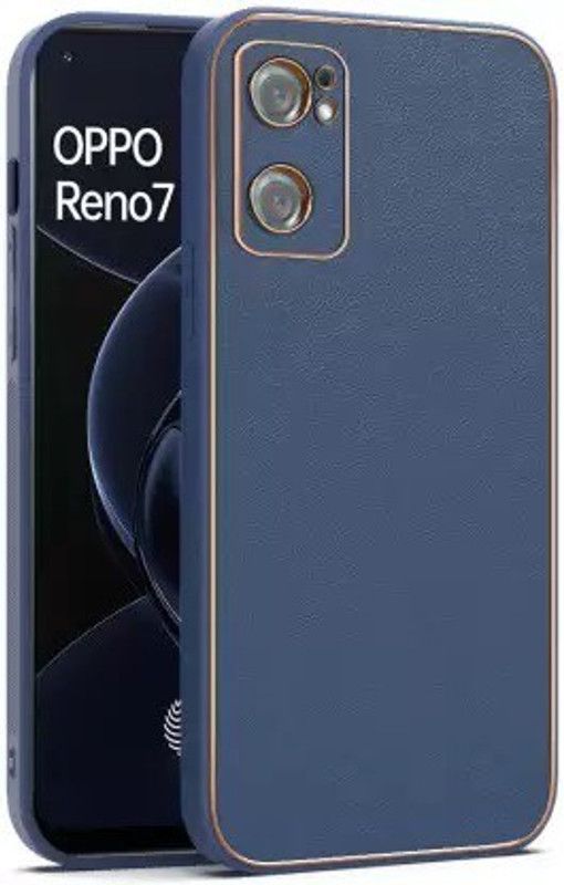 ClickAway Back Cover for Oppo Reno 7 5G |Gold Electroplated Leather Chrome Case| Top Notch Quality  (Blue, Grip Case, Pack of: 1)