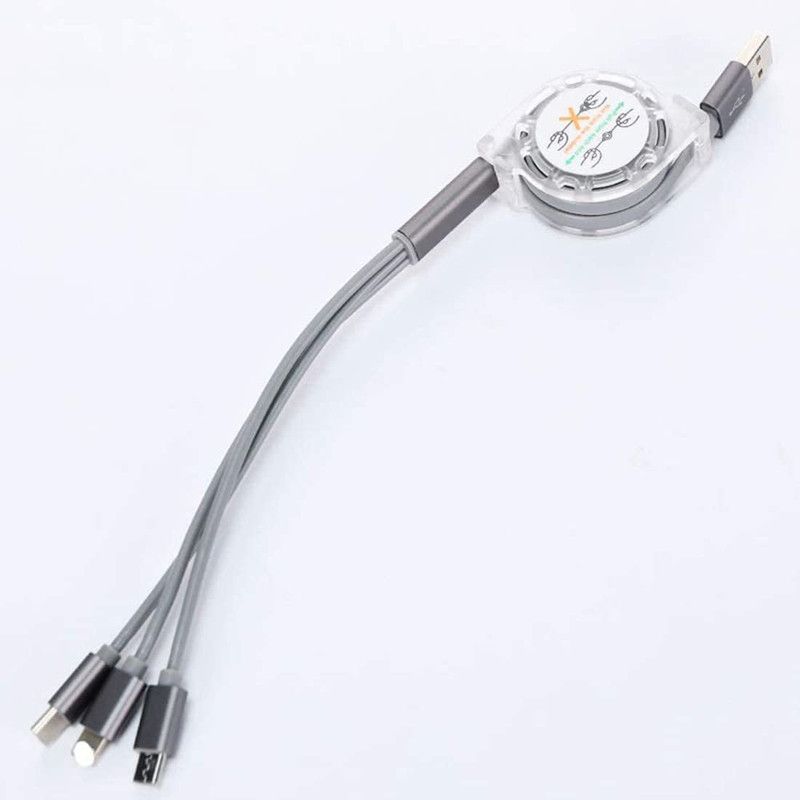 RHONNIUM USB Type C Cable 1.2 m 3 in 1 Retractable 3.0A Fast Charging Cable -J7  (Compatible with iOS, Android, Silver, One Cable)