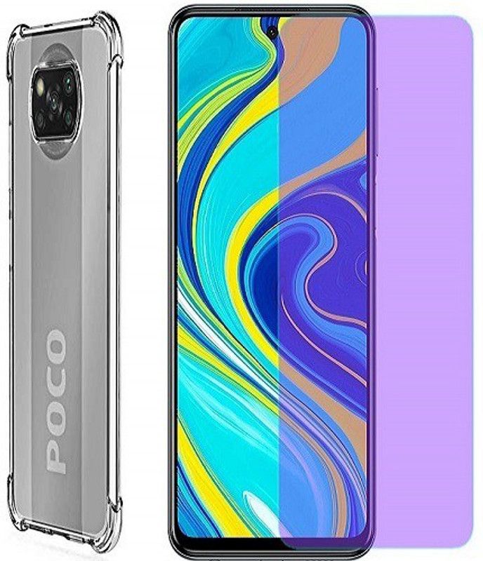 NIMMIKA ENTERPRISES Bumper Case for MI POCO X3 PRO BUMPER BACK COVER & ANTI BLUE TEMPERED GLASS  (Transparent, Blue, Shock Proof, Pack of: 1)