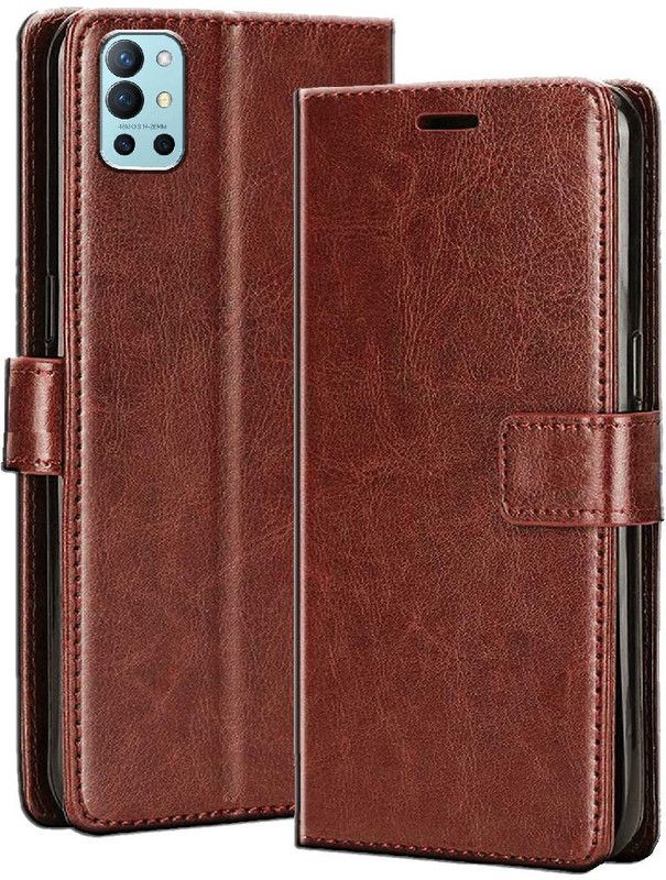 Finaux Flip Cover for One Plus 9R  (Brown, Pack of: 1)