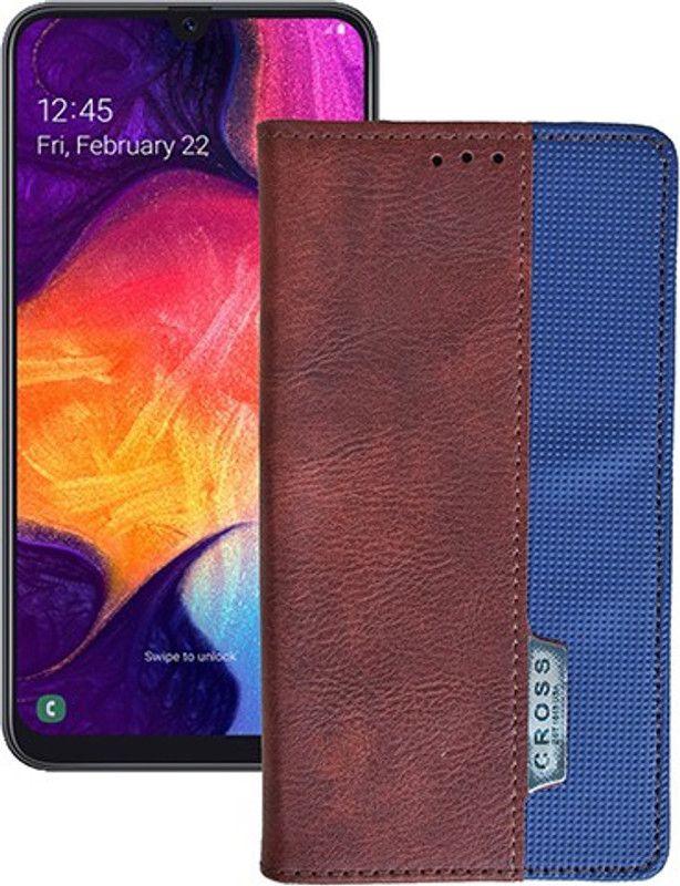 MARSHLAND Flip Cover for Samsung galaxy A40, Wallet with Kick Stand Design Leather, Dark Brown With Blue  (Blue, Grip Case, Pack of: 1)
