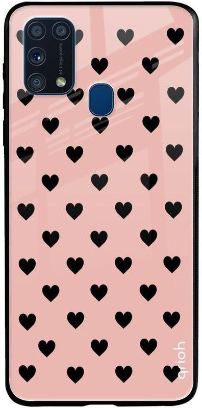 QRIOH Glass Back Cover for Samsung Galaxy M31 Prime  (Pink, Black, Grip Case, Silicon, Pack of: 1)