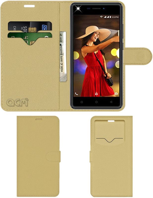 ACM Flip Cover for Intex Aqua Lions N1  (Gold, Cases with Holder, Pack of: 1)