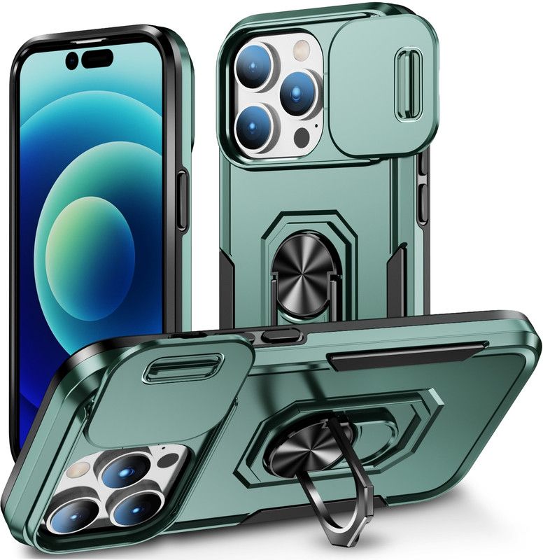 Moshking Back Cover for IPhone 14 Pro Max, 360° Protection | Rotate Ring Stand | Slide Camera | Mobile Phone Case  (Green, Pack of: 1)
