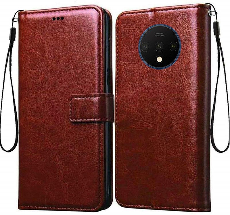 Tingtong Flip Cover for OnePlus 7T  (Brown, Cases with Holder, Pack of: 1)