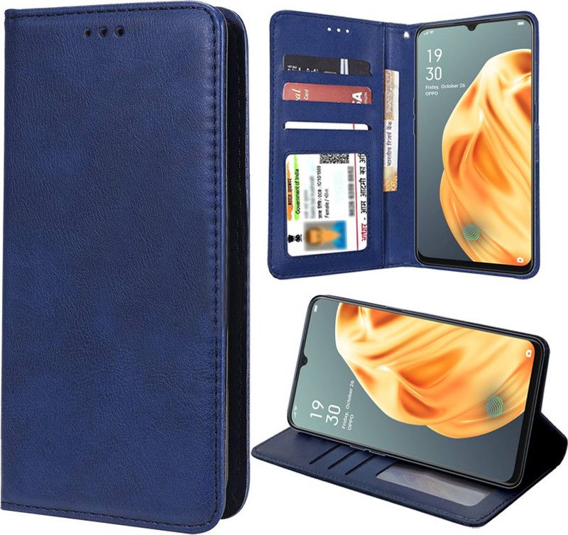 Unistuff Flip Cover for Oppo F15  (Blue, Dual Protection)
