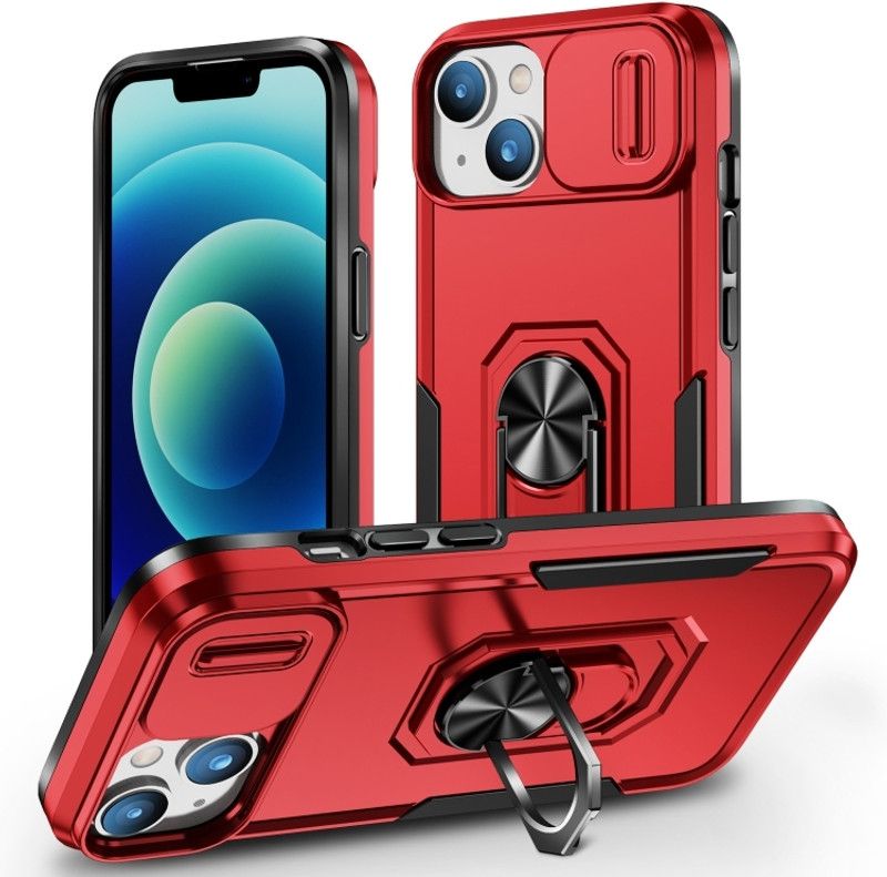 Moshking Back Cover for IPhone 13, 360° Protection | Rotate Ring Stand | Slide Camera | Mobile Phone Case  (Red, Pack of: 1)