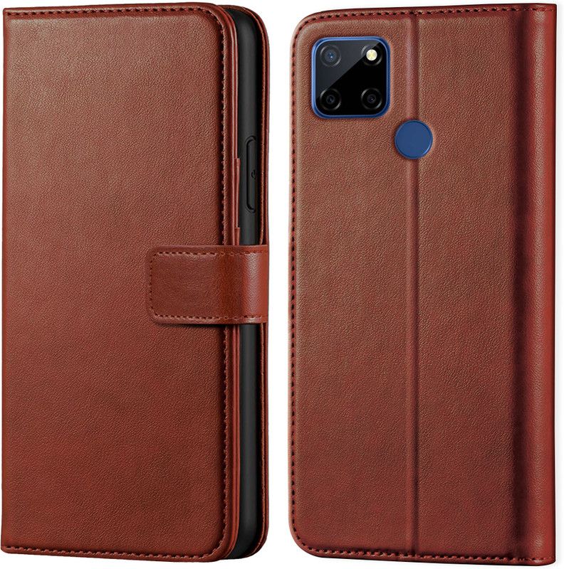 ALLNEEDS Back Cover for Realme c12 | Inside TPU with Card Pockets | Wallet Stand | Magnetic Closure  (Brown, Dual Protection, Pack of: 1)