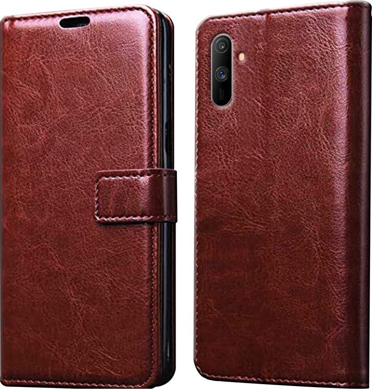 ELEF Flip Cover for Realme C3|Inside TPU with Card Pockets|Wallet and Stand|Magnetic Closure  (Brown, Dual Protection)