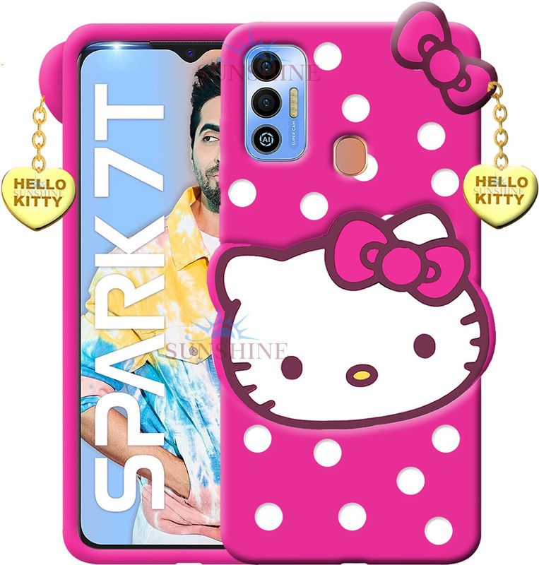 SUNSHINE Back Cover for Tecno Spark 7T Hello Kitty Mobile Back Cover, 3D Cute Kitty,with Heart Pendant  (Pink, Flexible, Pack of: 1)