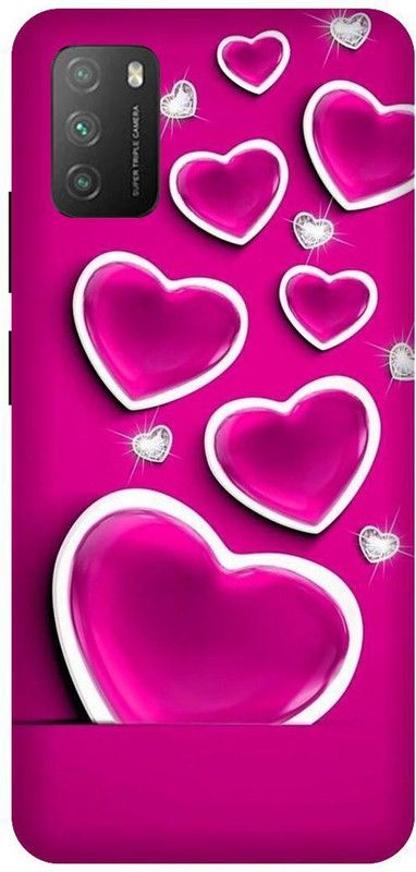 UMPRINT Back Cover for Poco M3/MZB087AIN Love Heart Pink Dimond Printed Back Cover  (Multicolor, Hard Case, Pack of: 1)