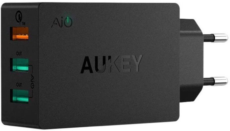 AUKEY NA Multiport Mobile PA-T14 3-port Wall Charger with Quick Charge 3.0 Charger with Detachable Cable  (Black)