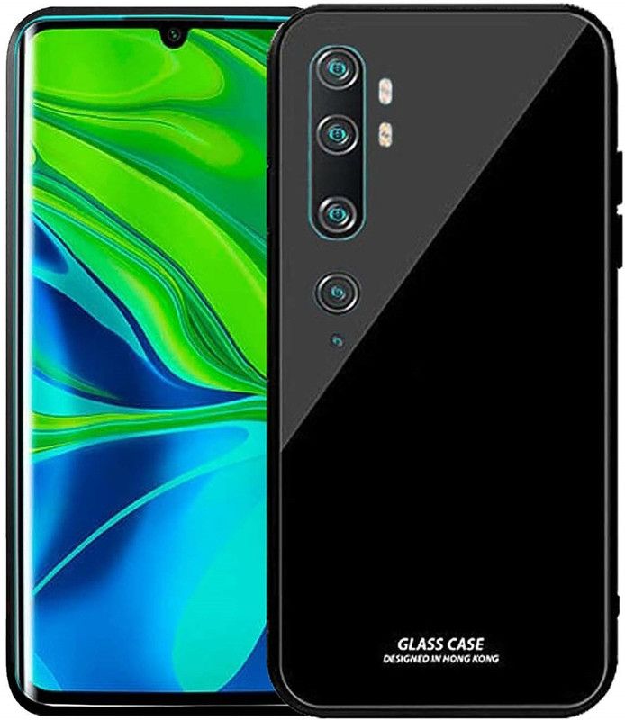KHR Back Cover for Xiaomi Mi Note 10 Marble Design Tempered Glass Back Cover with Soft Edge TPU Full Protective  (Black, Shock Proof, Pack of: 1)